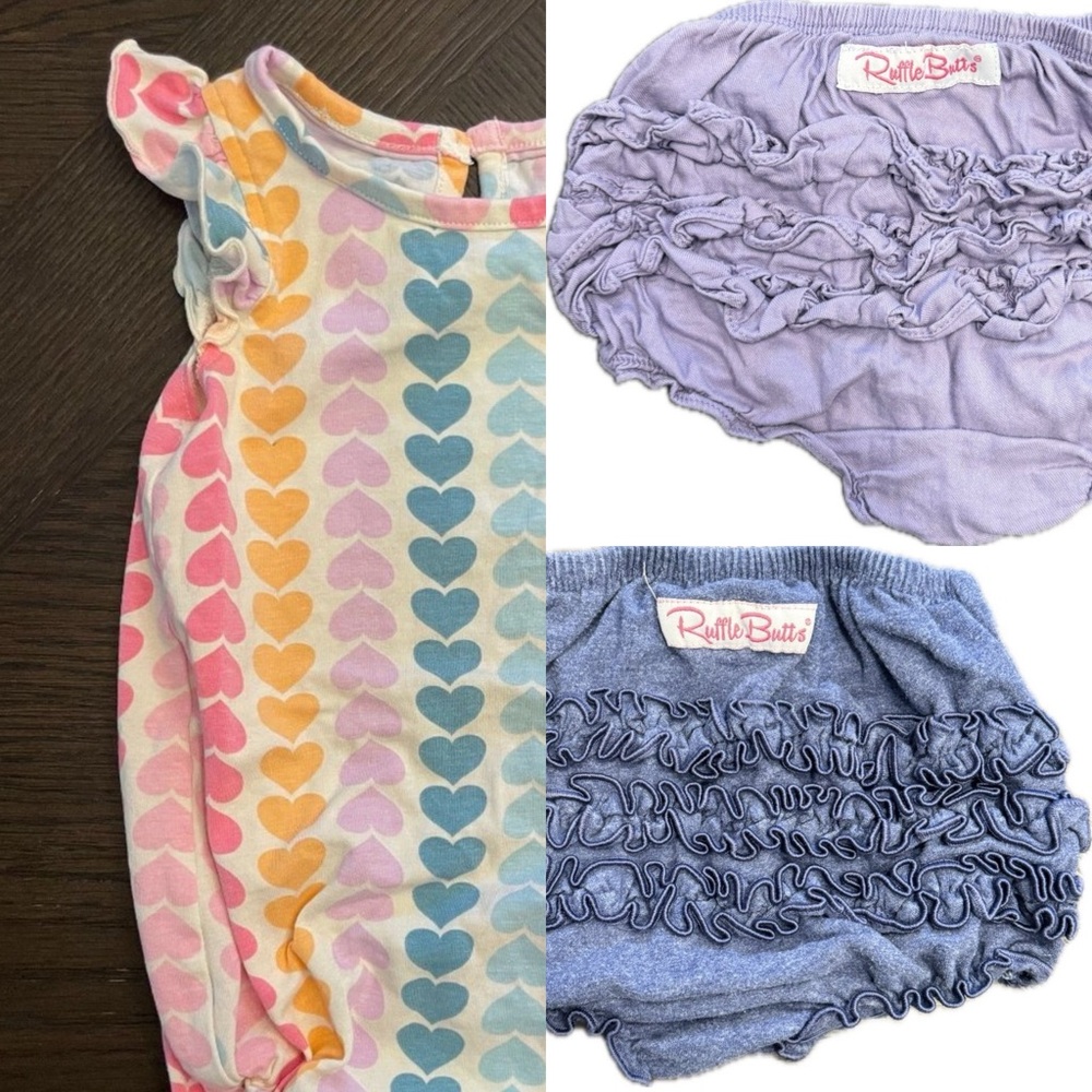 RuffleButts Girls Rainbow Hearts Flutter Bodysuit, & 2 bubble shorts, 18-24mos
